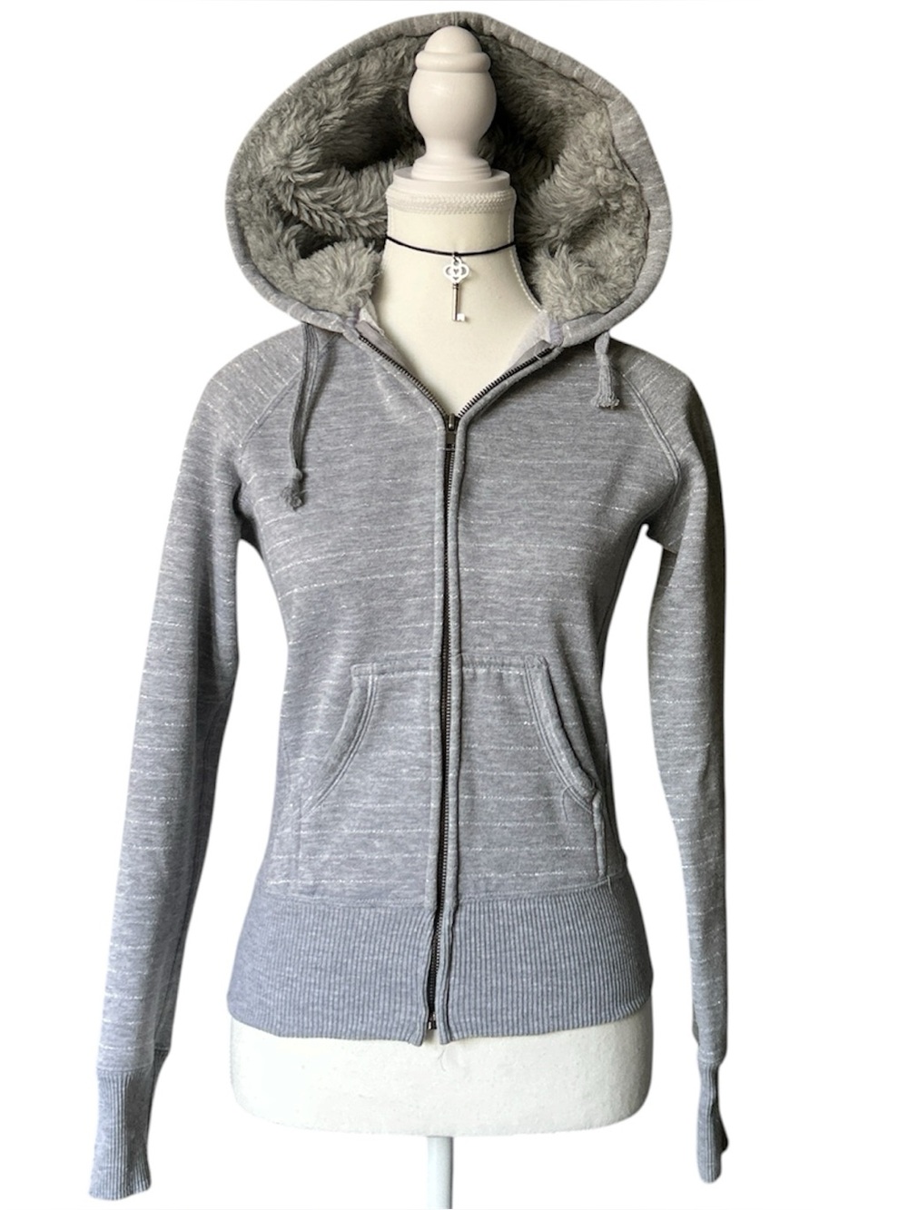Y2K Coquette “Bluenotes” Light Gray Stripe Faux Fur Lined Zip-up Hoodie